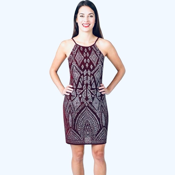 None Dresses & Skirts - HOST PICK - Classy Halter-neck Dress in Plum and Silver Sparkling Pattern
